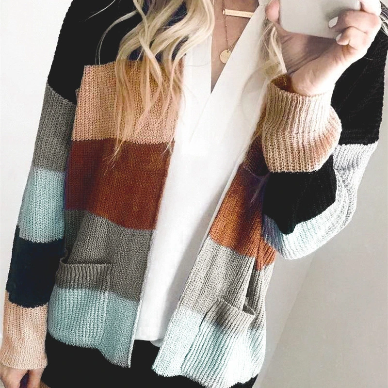 New Arrivals Fall Loose Casual Knitwear Size Woman′s Clothing Women′s Mixed Color Patchwork Knitted Striped Cardigan Long Coat