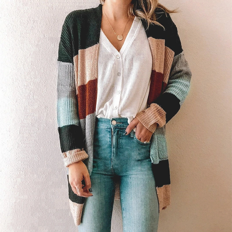 New Arrivals Fall Loose Casual Knitwear Size Woman′s Clothing Women′s Mixed Color Patchwork Knitted Striped Cardigan Long Coat